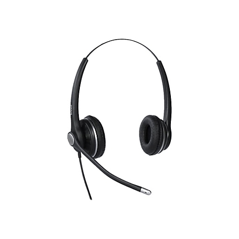 Schwarzes Headset mit Mikrofon und Ohrmuscheln auf weißem Hintergrund.