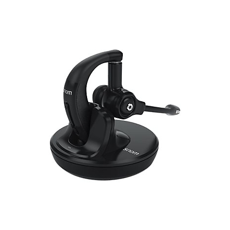 Schwarzes schnurloses Headset in Dockingstation mit Mikrofon. Auf der Basis steht „snom“.