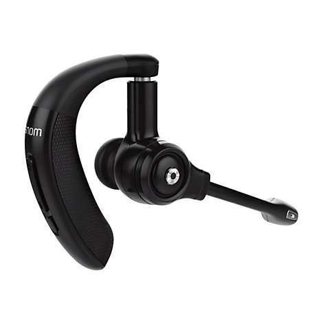 Schwarzes Bluetooth-Headset mit Ohrbügel und Mikrofon. Auf dem Bügel steht "snom".