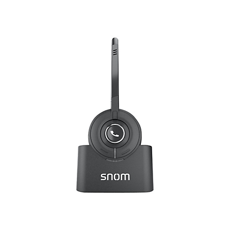 Dunkelgraues schnurloses Headset mit Ladeschale, Snom-Logo. Der MikrofonbÃ¼gel ist ausgefahren.