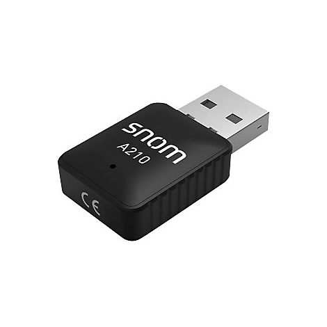 Schwarzer USB-Adapter mit der Aufschrift „snom A210“ und USB-Stecker.