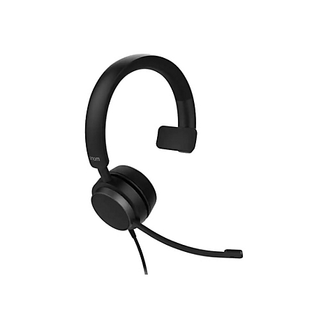 Schwarzes Headset, Ohrmuschel und Mikrofon, Marke snom.
