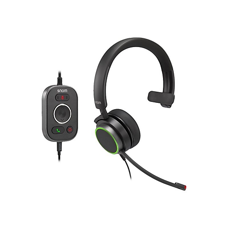 Schwarzes Headset mit Steuerungsmodul, grünen Akzenten und Mikrofon. Aufgedruckter Markenname 'snom'.