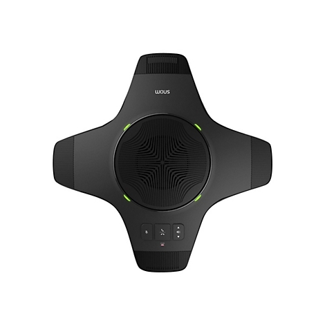 Schwarzes Konferenzmikrofon in Sternform, mit Lautstärkereglern und grün leuchtenden Anzeigen.