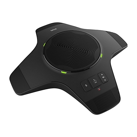 Schwarzes Konferenzmikrofon in sechseckiger Form, grüne LEDs leuchten. Tasten für Stummschalten, Anrufannahme, Lautstärke.