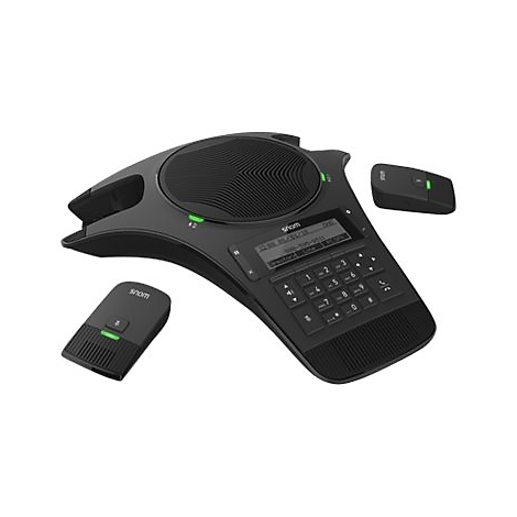 Schwarzes Konferenztelefon mit Ziffernblock und zwei drahtlosen Mikrofonen. Anzeige von Datum und Uhrzeit.