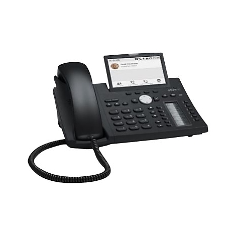 Schwarzes IP-Telefon mit Touchscreen. Auf dem Display ist ein Anruf zu sehen. Tastenfeld und Hörer deutlich erkennbar.