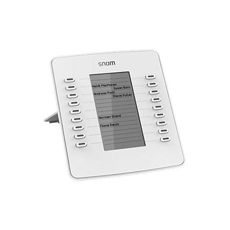 Weißes Telefon mit Tastenreihen und Bildschirm mit Namen. Snom-Logo oben.