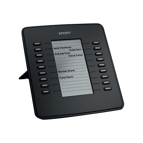 Schwarzes Telefon mit Display, Anzeige von Namen. Buttons links und rechts. Snom-Logo.