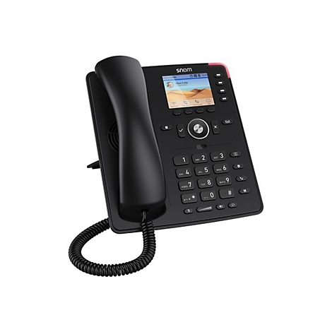 Téléphone noir avec écran, boutons et combiné, isolé sur fond blanc.