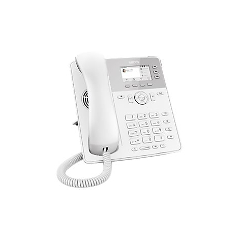 Festnetztelefon in Weiß. Das Display zeigt eine Benutzeroberfläche. Das Telefon liegt vor weißem Hintergrund.