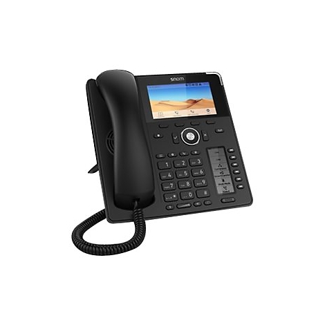 Téléphone de bureau noir avec grand écran. L'écran affiche un paysage désertique.