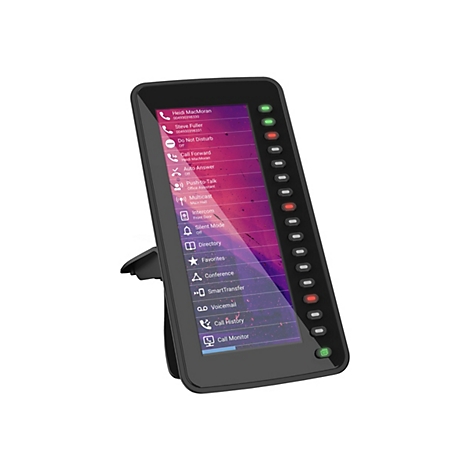 Schwarzes IP-Telefon mit Touchscreen. Die Oberfläche zeigt Anrufoptionen, Kontakte und andere Funktionen. Das Telefon steht auf einem Ständer.