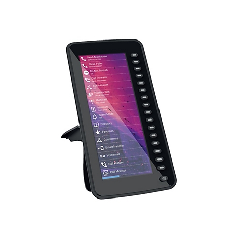 Schwarzes IP-Telefon mit Touchscreen, auf dem eine Menüliste mit Optionen angezeigt wird.