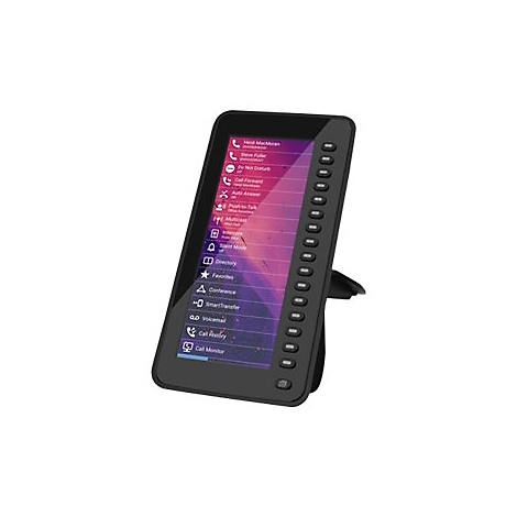 Schwarzes Telefon mit Touchscreen; Menüanzeige mit verschiedenen Funktionen und Namen.