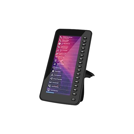 Téléphone de bureau noir avec écran tactile. Diverses fonctions et contacts sont affichés sur l'écran.