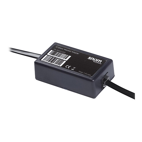 Adaptateur de casque sans fil noir. Inscription : 'snom', 'Made in Europe'. Deux câbles et étiquette à code-barres.