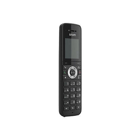 Schwarzgraues schnurloses Telefon mit Display und Tasten. Oben steht „snom“.