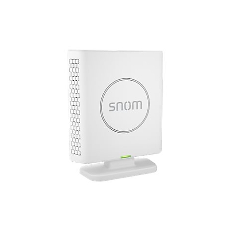 Weißes Gerät mit "snom" Schriftzug, grüner Leuchte. Auf weißem Sockel.