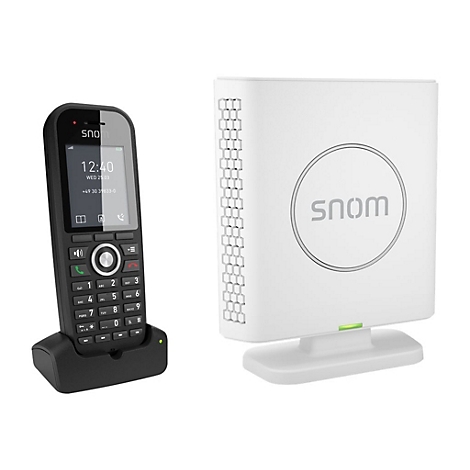 Téléphone avec station de charge et routeur, noir et blanc. Sur l'écran : heure, date et numéro de téléphone. Le routeur indique Snom.