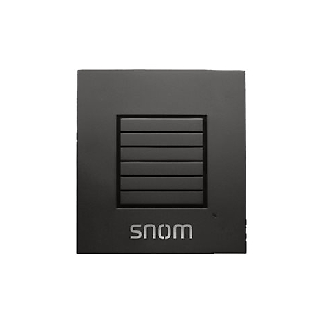 Schwarzes quadratisches Gerät mit horizontalen Lamellen und SNOM-Logo.