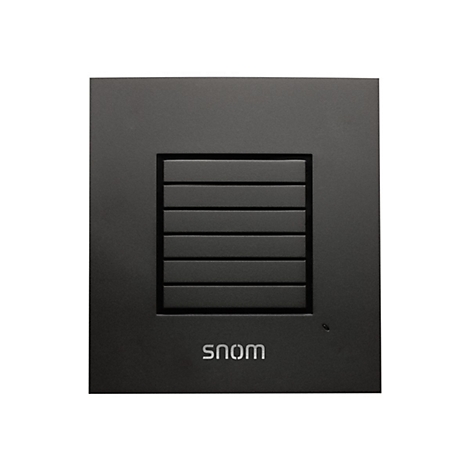 Schwarze Türsprechanlage mit horizontalen Lamellen und SNOM-Schriftzug.