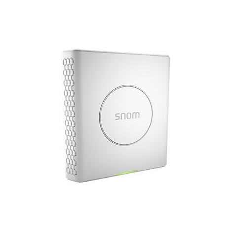 Appareil rectangulaire blanc aux bords arrondis, un logo circulaire avec le mot 'snom' et un évent latéral hexagonal.