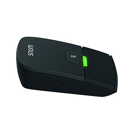 Schwarzes SNOM-Gerät mit grünem Licht und USB-Symbol. Oberflächenstruktur mit Rillen. Schriftzug SNOM.