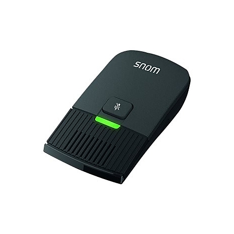 Schwarzes Snom-Konferenzmikrofon. Mit grüner Leuchte und Stummschalttaste.