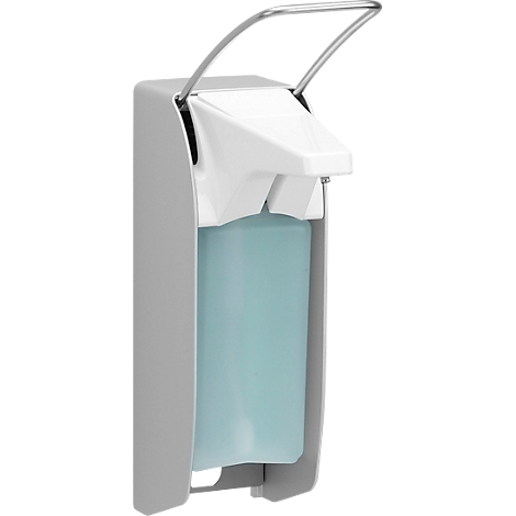 Gray soap dispenser with white lid and turquoise contents, metal holder.