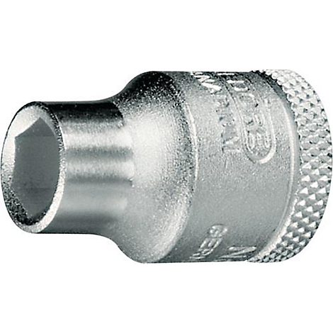Metalen dopsleutel met een zeshoekige opening en een gekarteld oppervlak.