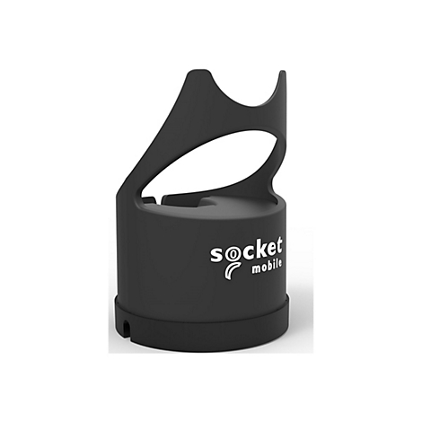 Schwarze Handy-Ladestation mit weißem "socket mobile" Logo. Sie hat eine geschwungene Halterung.