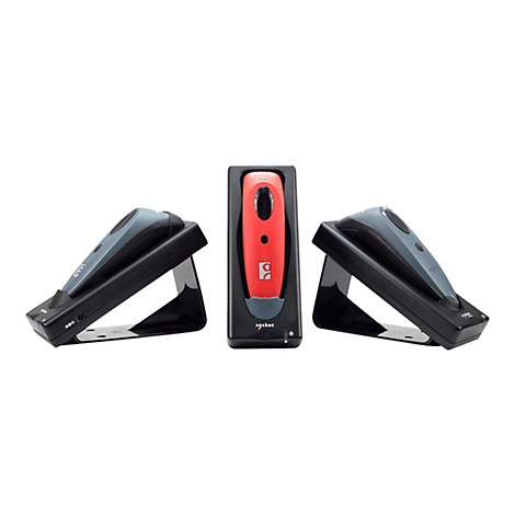 Drei Scanner in schwarzen Ladestationen. Einer rot, zwei grau. Aufschrift: Socket.