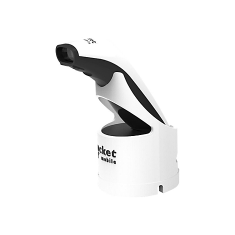 Weißes, modernes Barcode-Lesegerät mit schwarzem Lesebereich. Aufdruck: "Pocket mobile".