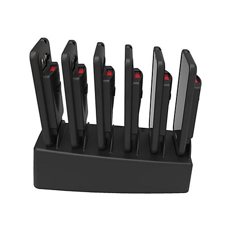 Schwarze Ladestation mit sechs Smartphones, die in vertikalen Schlitzen stehen. Die Smartphones sind schwarz mit einem roten Element.