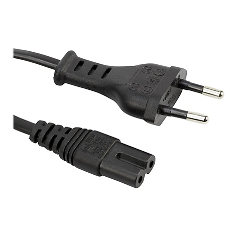 Schwarzes Netzkabel mit Stecker und Buchse, isoliert auf weißem Hintergrund.