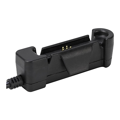 Ein schwarzes Ladegerät für ein mobiles Gerät, mit Kontakten und einem angeschlossenen Kabel.