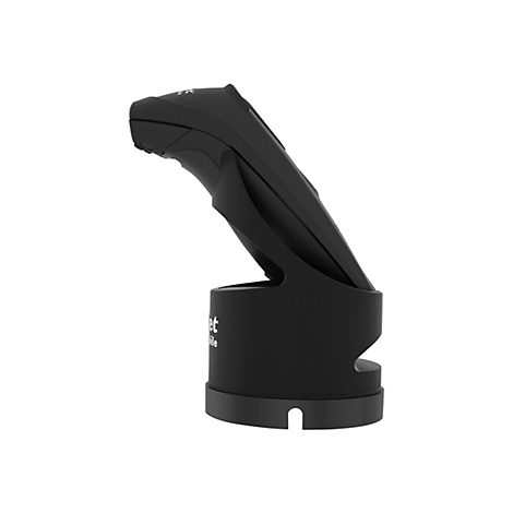 Schwarzes Ladegerät und Handgerät auf weißem Hintergrund. Auf dem Ladegerät steht "met" in weißer Schrift.