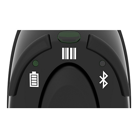 Detailaufnahme eines schwarzen Barcode-Scanners mit weißen Symbolen für Batterie und Bluetooth.