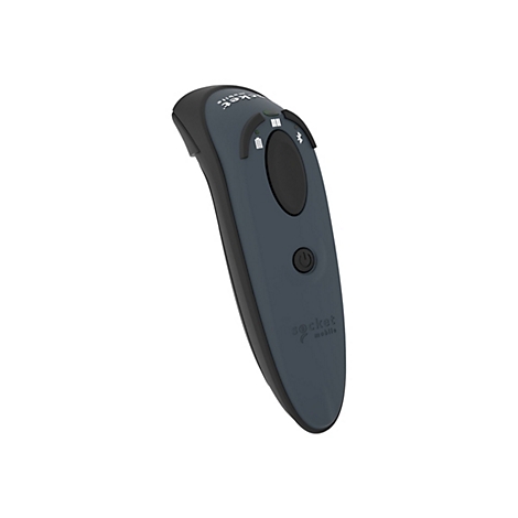 Ein dunkelgrauer Barcode-Scanner in ergonomischem Design. Er hat eine ovale Taste, eine Ein/Aus-Taste und Batteriestandsanzeige.