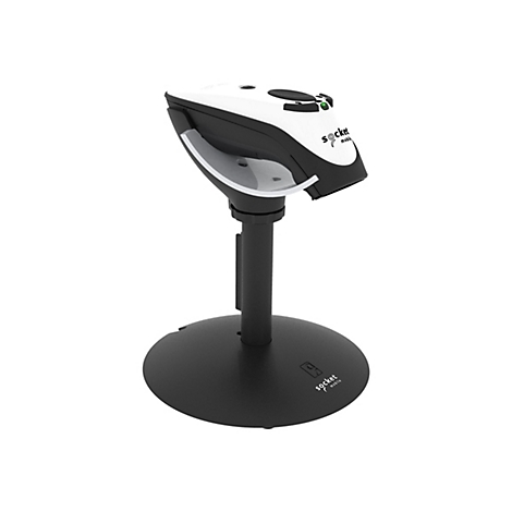 Ein Barcode-Scanner in Schwarz-Weiß auf einem Ständer. Der Scanner hat ein grünes Licht und das Logo 'socket mobile'.