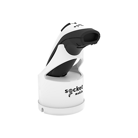 Ein weiß-schwarzes Barcode-Lesegerät steht aufrecht. Der Ständer und das Lesegerät tragen das Logo "socket mobile".