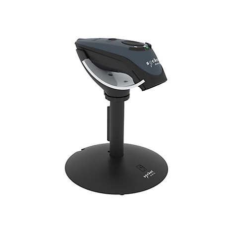 Ein Barcode-Scanner auf einem Ständer. Der Scanner ist dunkelgrau, hat einen geschwungenen weißen Träger und das Logo "socket mobile".