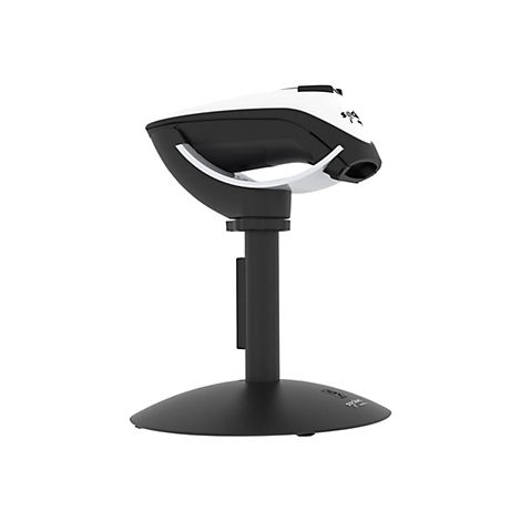 Ein Barcodescanner in Schwarz-Weiß, montiert auf einem Standfuß. Auf dem Gerät ist der Schriftzug "socket" zu sehen.