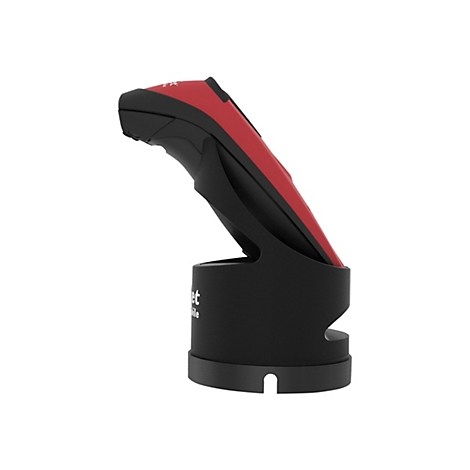 Ein rotes und schwarzes Gerät in einer Halterung. Das Gerät steht leicht schräg und hat eine abgerundete Form. Die Halterung ist zylindrisch.