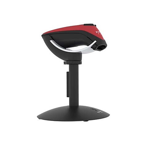 Ein schwarzer Barcode-Scanner mit roter Oberseite, auf einem schwarzen Standfuß. Auf der Basis steht "socket mobile".