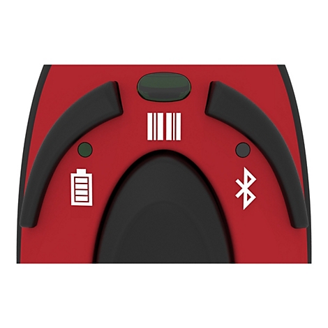 Nahaufnahme eines roten Geräts mit schwarzen Bedienelementen. Symbole für Bluetooth, Akku und Barcode sind zu sehen.