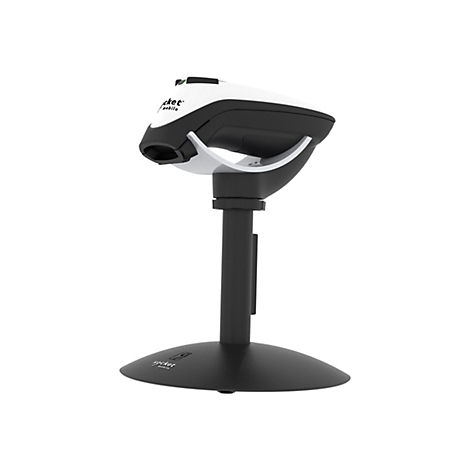 Ein Barcode-Scanner in Schwarz-Weiß, montiert auf einem Standfuß.