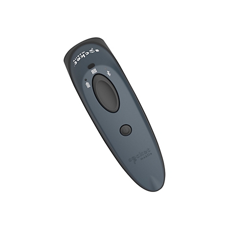 Ein grauer Barcodescanner von Socket Mobile. Oben befinden sich Logo und Anzeigen.