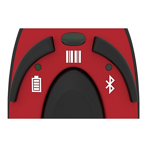 Nahaufnahme eines roten Geräts mit schwarzen Details. Symbole für Bluetooth, Akku und Barcode sind sichtbar.